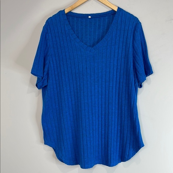 Amazon Blue Ribbed V-Neck Lightweight Sweater Short Sleeve Stretch Plus Size 2XL - Picture 11 of 11
